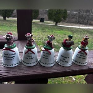 Festive Holiday Bell Set with Santa Bears and Elf